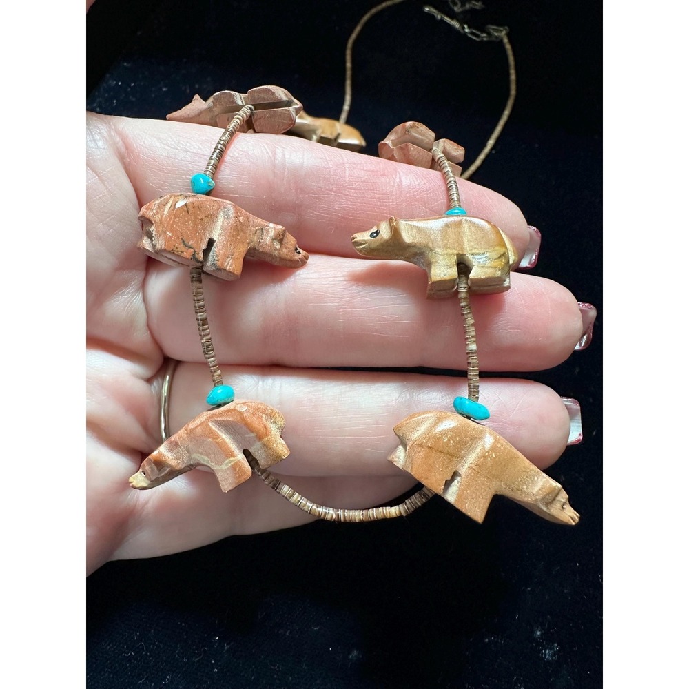 Southwestern Bear Fetish Necklace Carved Stone, Turquoise & Heishi - Picture 7 of 7